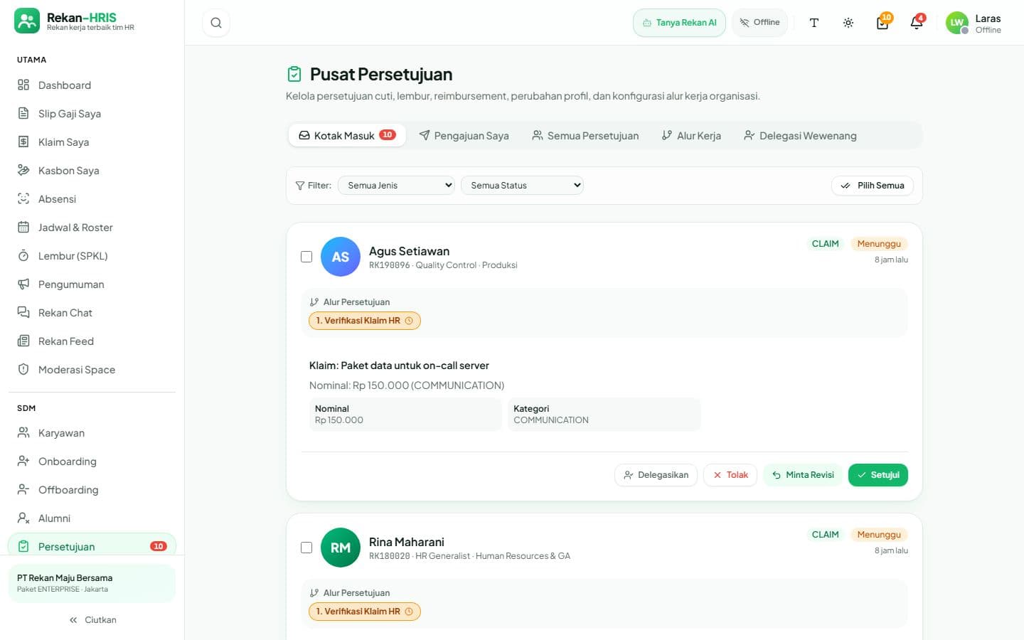 Kotak masuk persetujuan di live demo